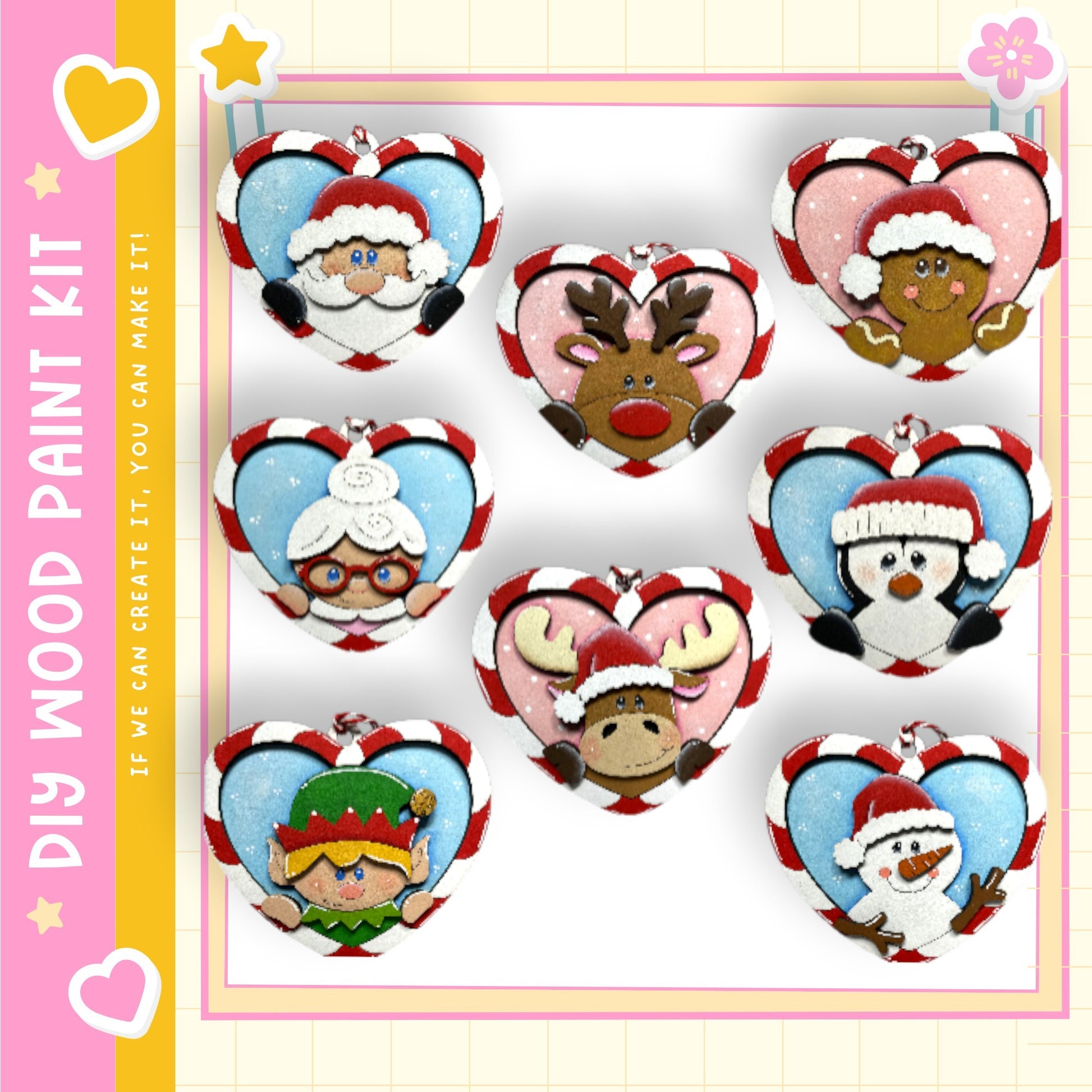 a collection of heart-shaped ornaments with various holiday-themed characters on them, including Santa Claus, a reindeer, a gnome, a snowman, and a penguin.