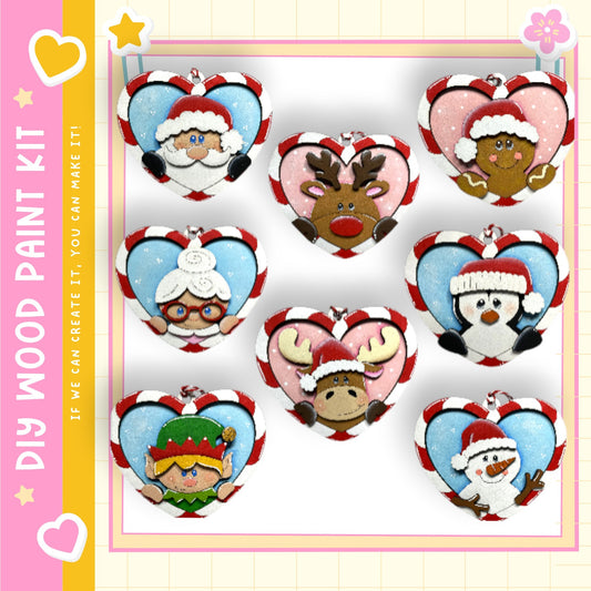 a collection of heart-shaped ornaments with various holiday-themed characters on them, including Santa Claus, a reindeer, a gnome, a snowman, and a penguin.