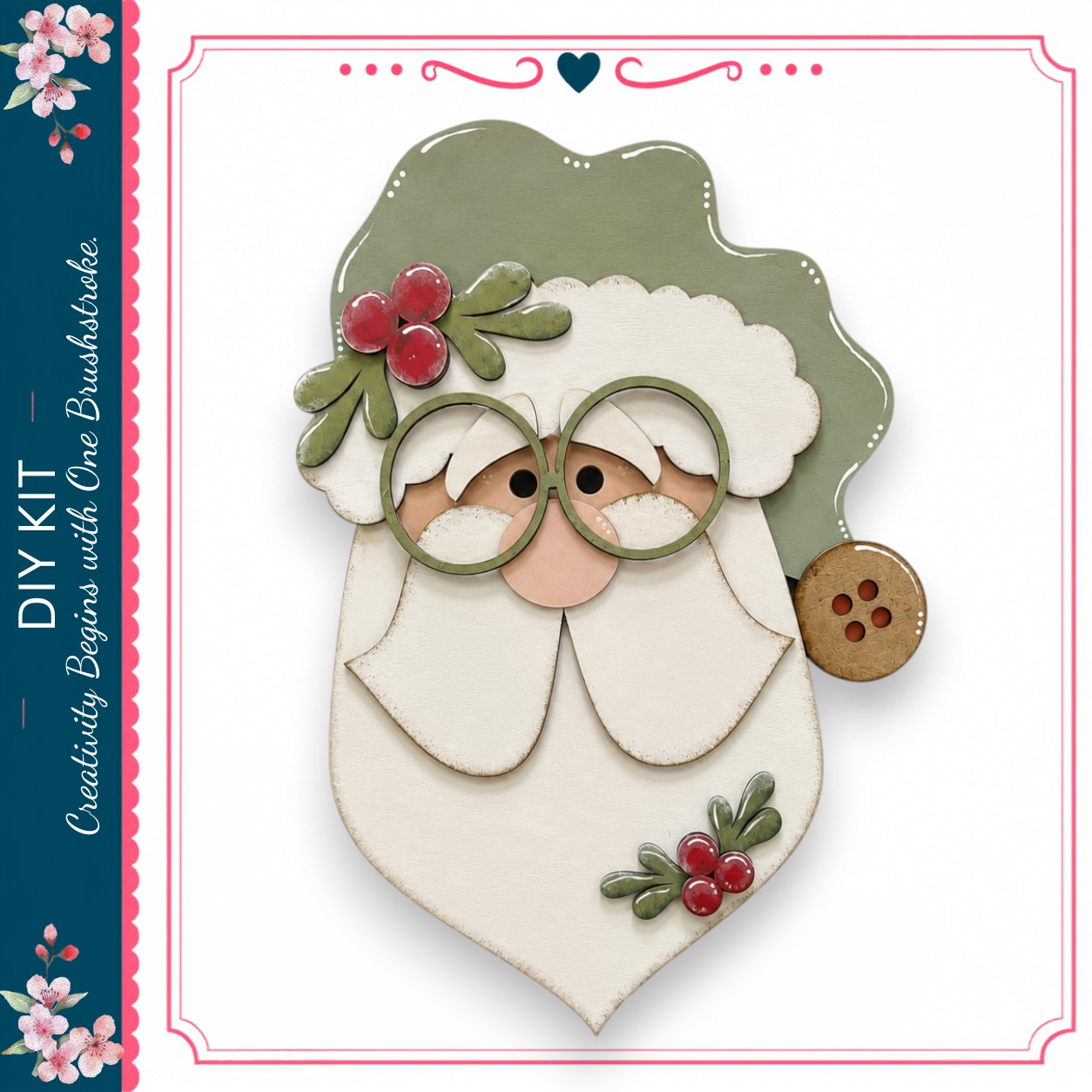 A wooden Santa Claus figure with a green hat, red berries, and a button on its ear, set against a white background.