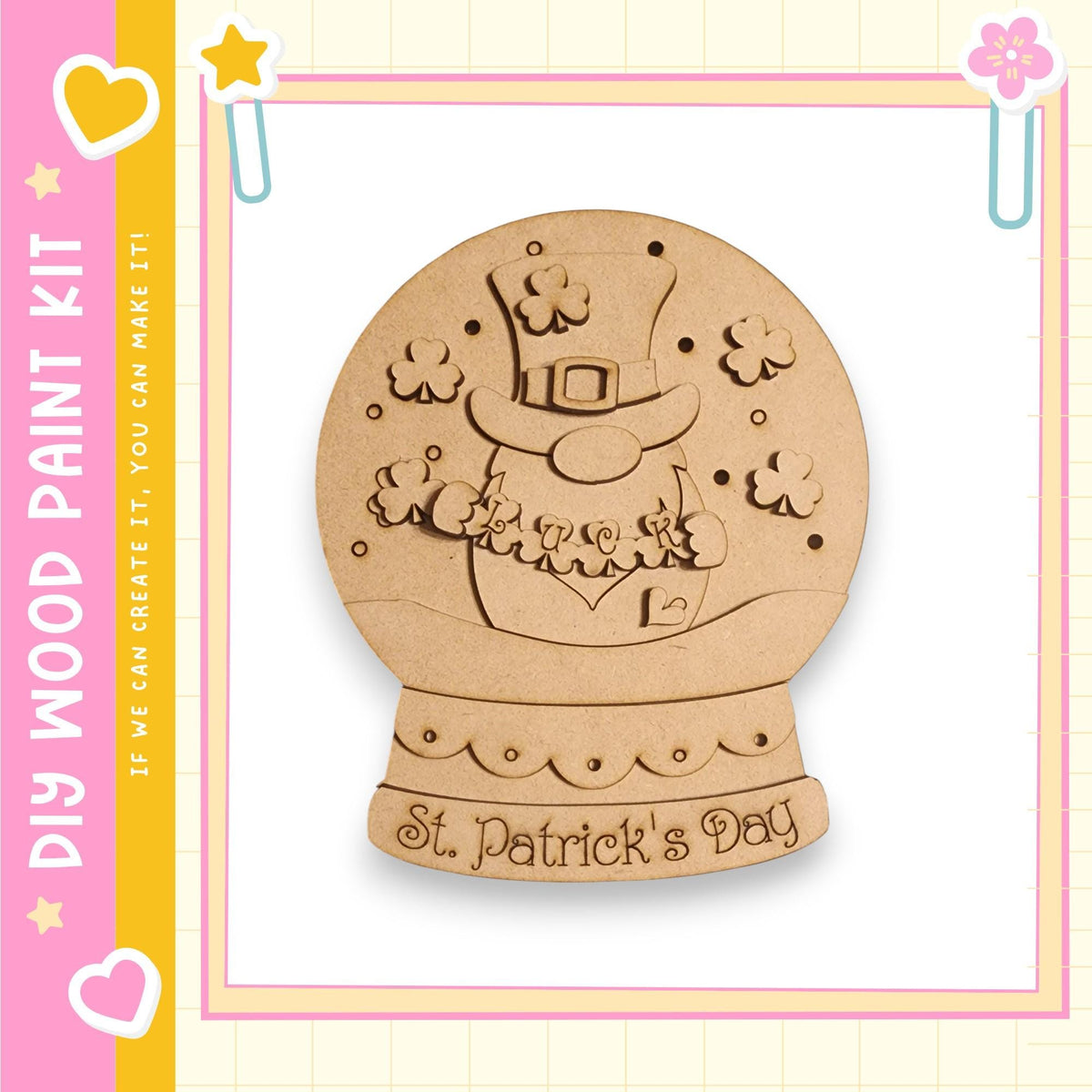 A wooden snow globe with a St. Patrick's Day design, featuring a leprechaun figure and clover decorations.