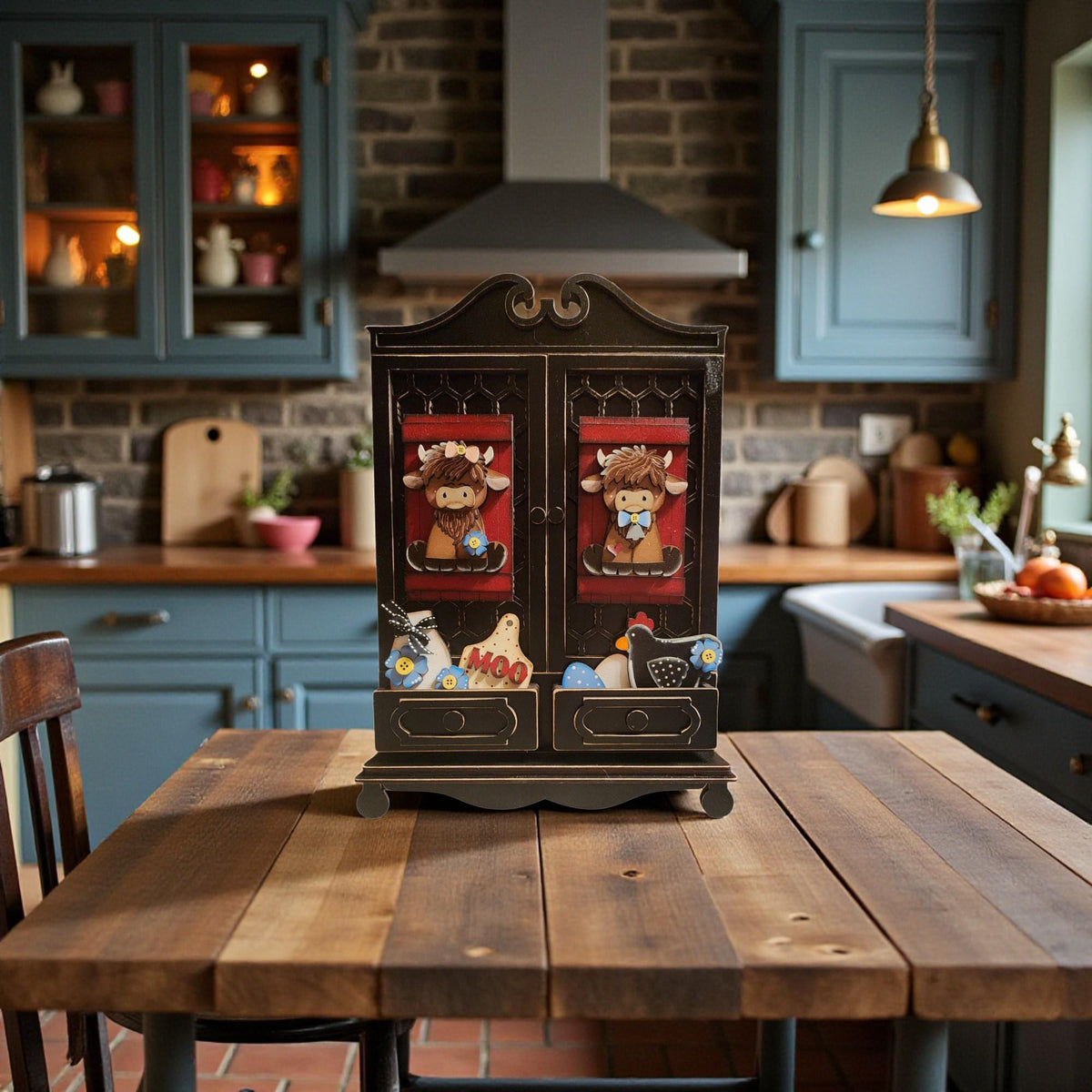 A wooden cabinet with two doors, each featuring a cartoon cow design, sits on a wooden table in a cozy kitchen setting.