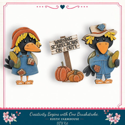two wooden scarecrow dolls, each holding a piece of corn, standing next to a sign that warns of scarecrows on duty.