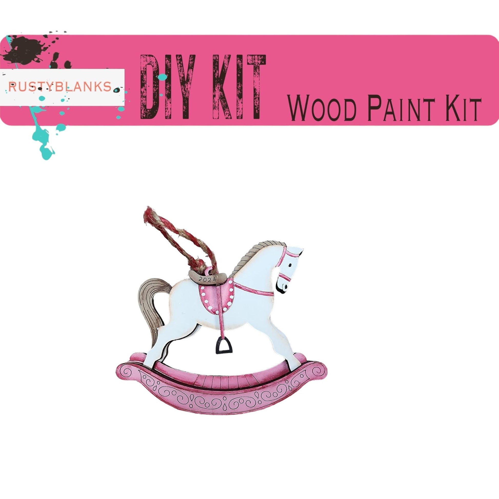 a wooden rocking horse with a pink harness