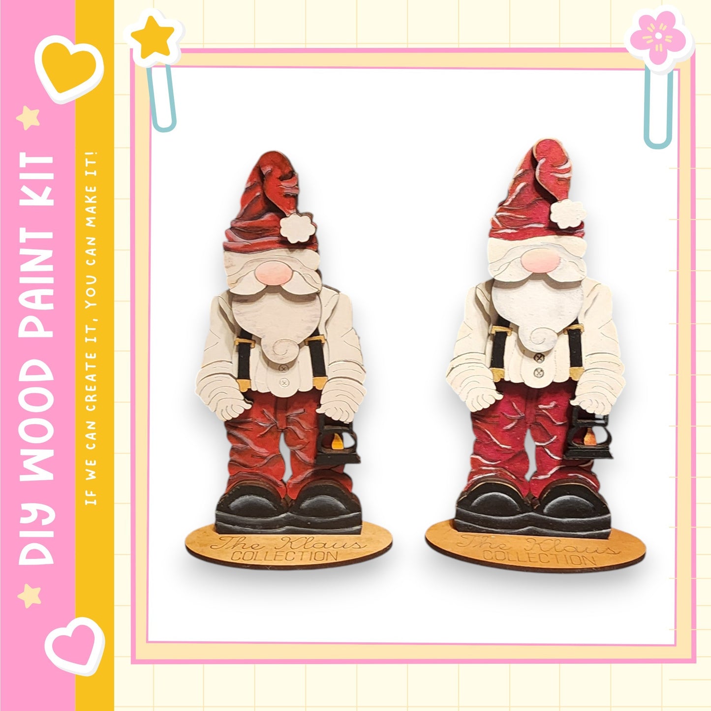 two wooden gnome figurines, each wearing a red hat and holding a lantern, standing on a wooden base.