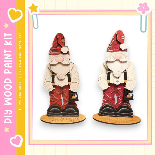 two wooden gnome figurines, each wearing a red hat and holding a lantern, standing on a wooden base.