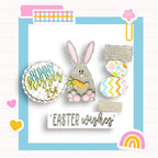 a picture of a happy easter card with a bunny and eggs