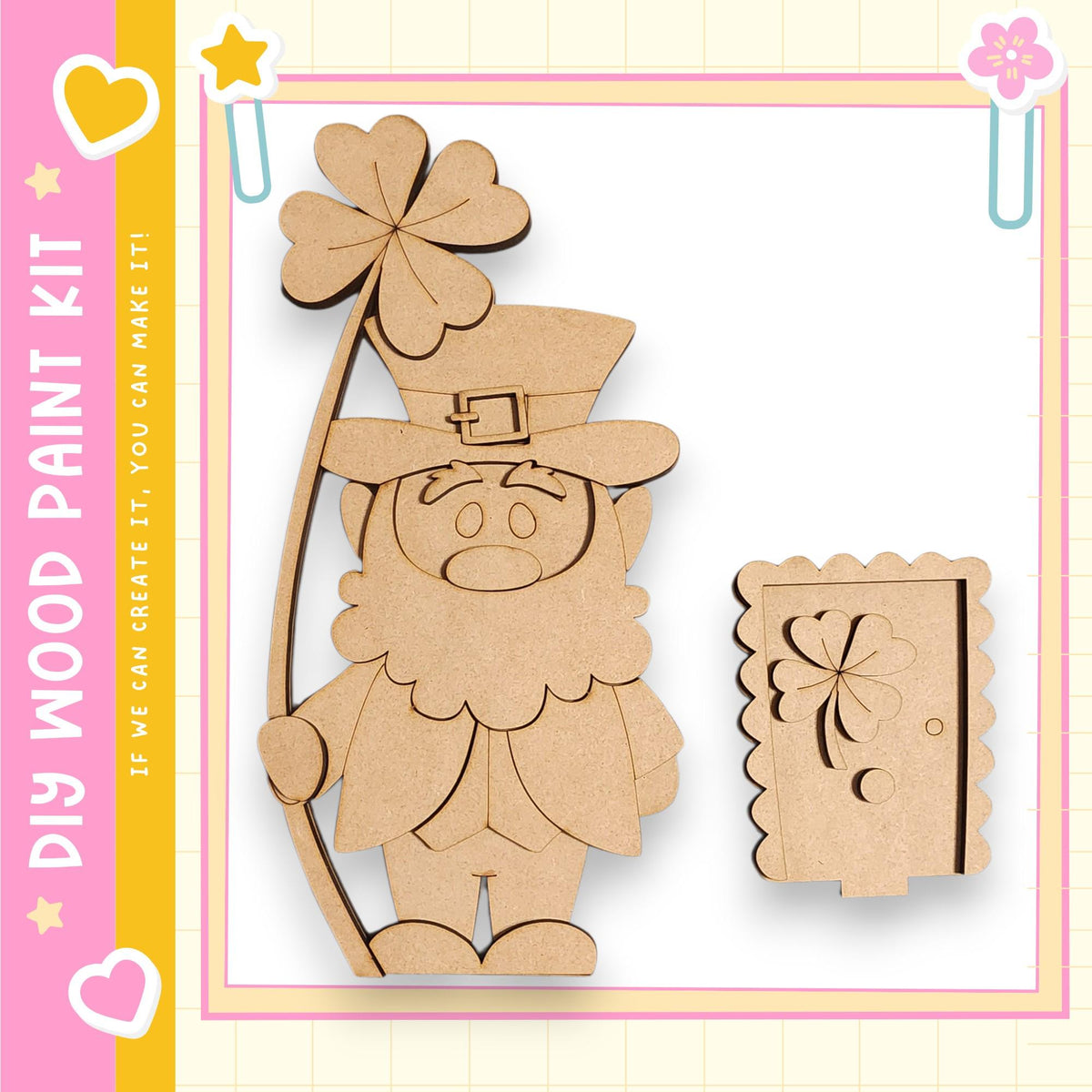 A wooden cutout of a leprechaun holding a four-leaf clover, with a door cutout next to it, all set against a pink and yellow background.
