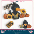 The image is a collage featuring a black crow holding a sign that says "SCARECROW ON DUTY" and a smaller crow holding a sign that says "CROW SEASON". The crow is surrounded by various autumn-themed objects, including pumpkins and sunflowers.