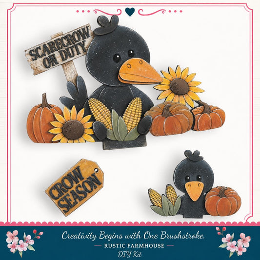The image is a collage featuring a black crow holding a sign that says "SCARECROW ON DUTY" and a smaller crow holding a sign that says "CROW SEASON". The crow is surrounded by various autumn-themed objects, including pumpkins and sunflowers.
