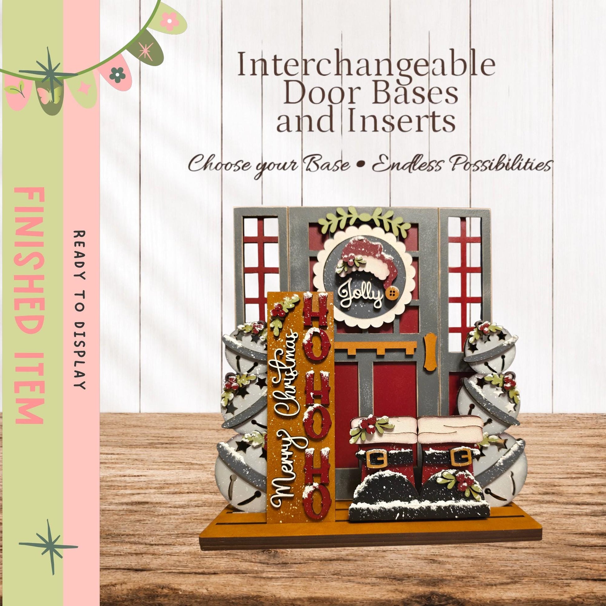 a festive holiday-themed door base with a jolly Santa Claus sign, surrounded by holiday decorations such as snowflakes and pine cones.