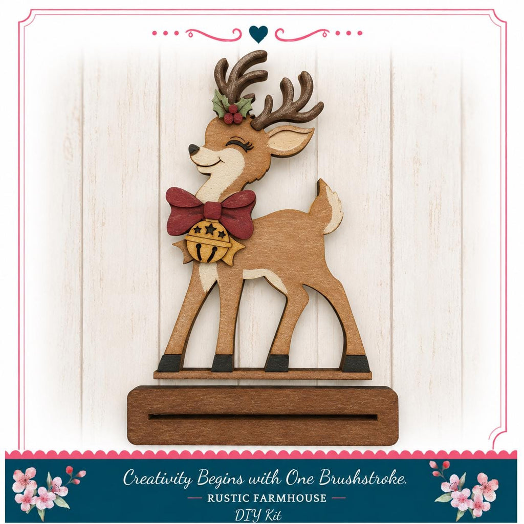 A wooden deer figurine with antlers and a bell, standing on a wooden base.