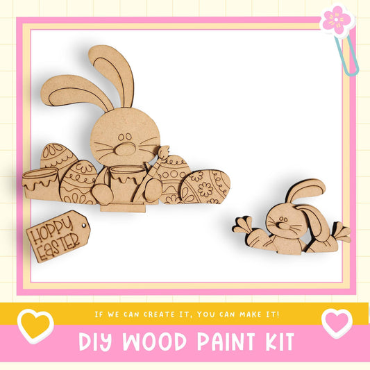 a DIY wood paint kit for creating Easter-themed decorations, including a wooden bunny and Easter eggs.