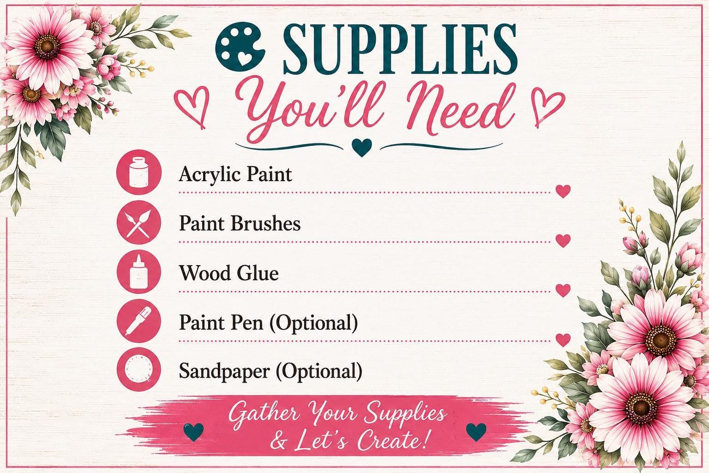 The image is a list of supplies needed for a craft project, with a floral border on the left side.