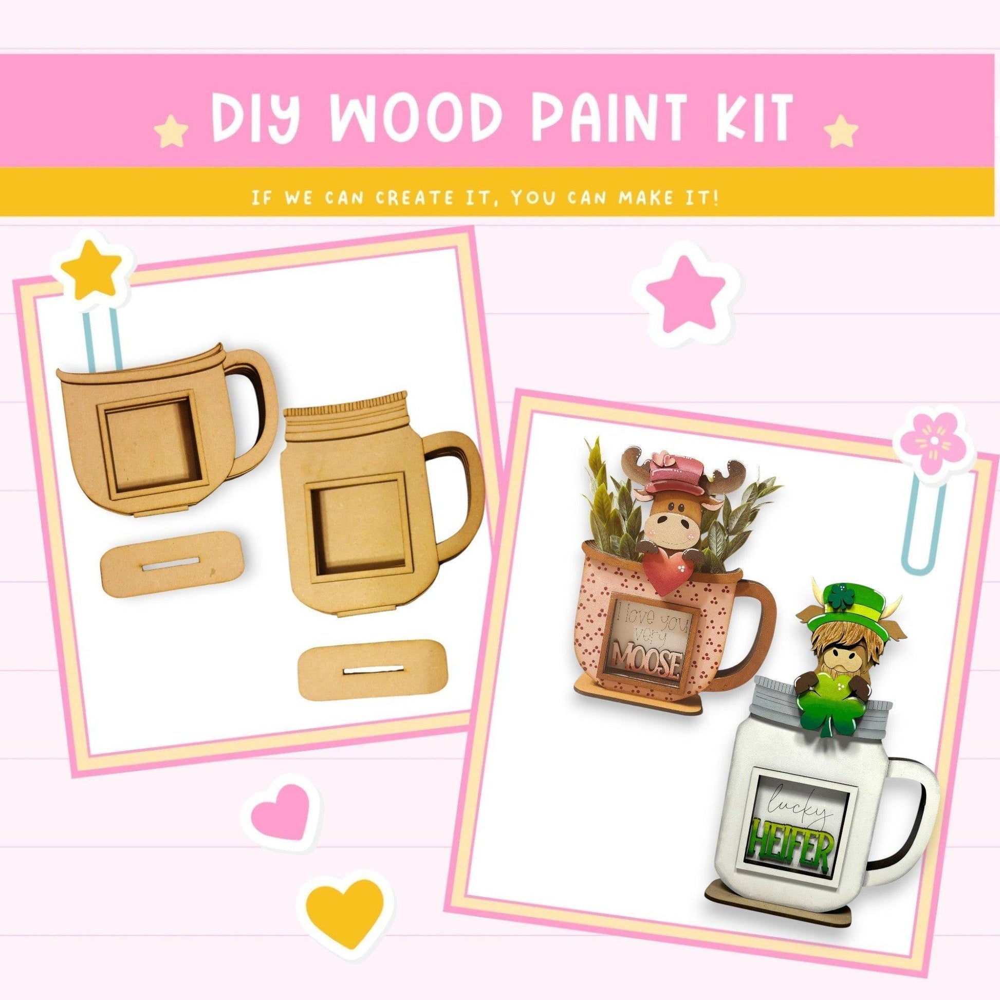 a wooden craft kit with a mug, mug, and other items