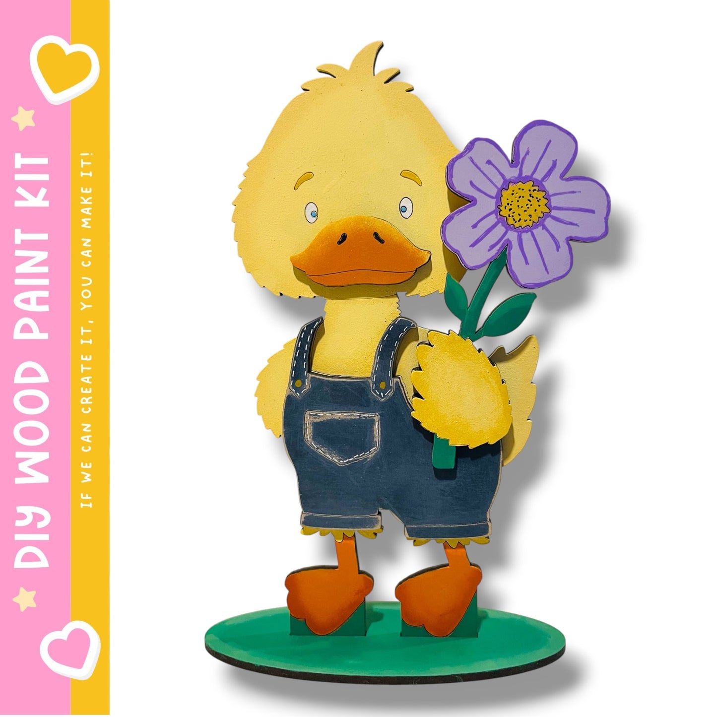 A yellow duck figurine holding a purple flower, standing on a green base.