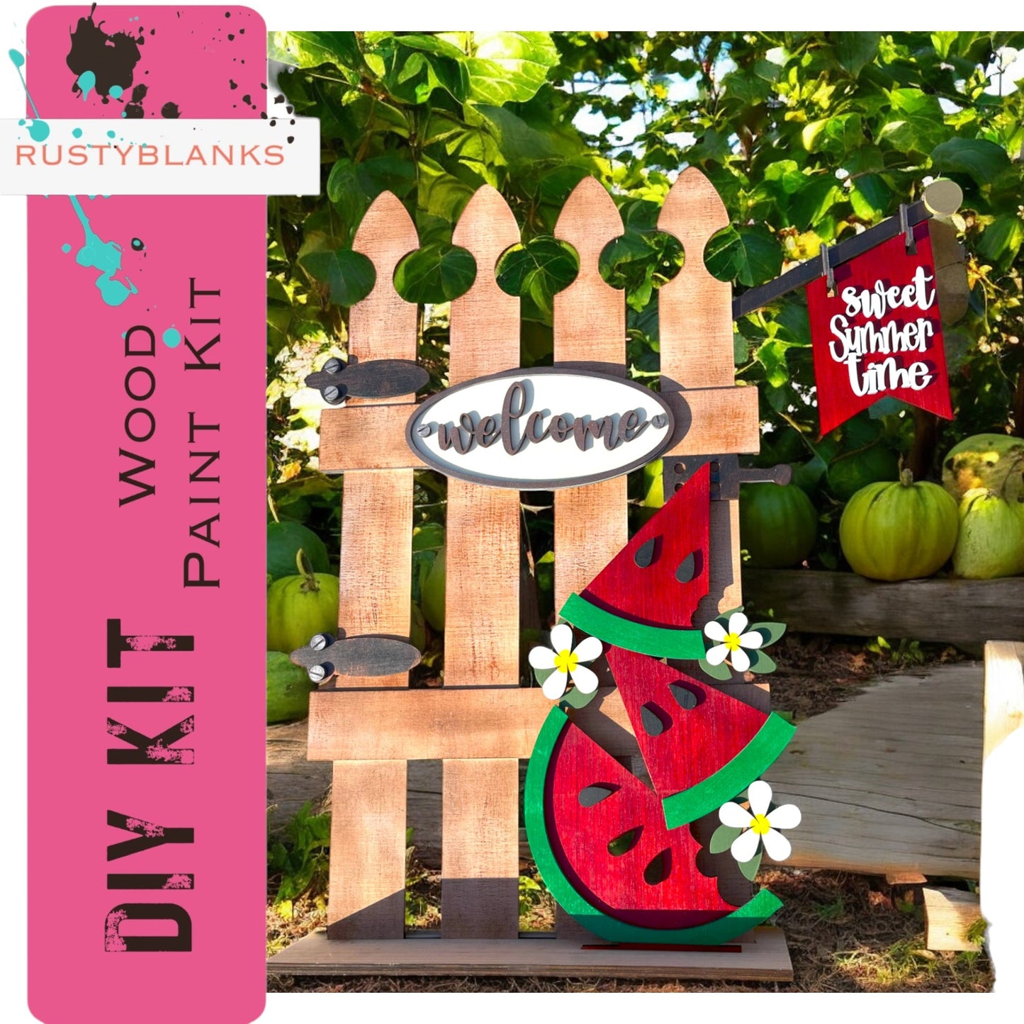 a wooden sign with a watermelon painted on it