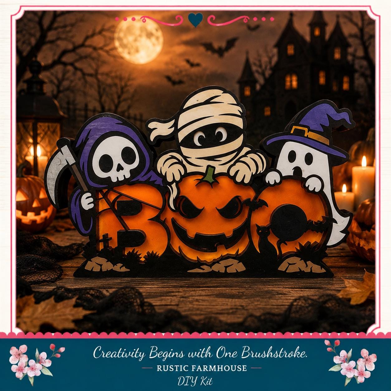 A Halloween-themed DIY kit featuring a carved pumpkin with the word "BOO" and three spooky figures: a skeleton, a mummy, and a ghost. The scene is set against a backdrop of a full moon and a spooky castle.