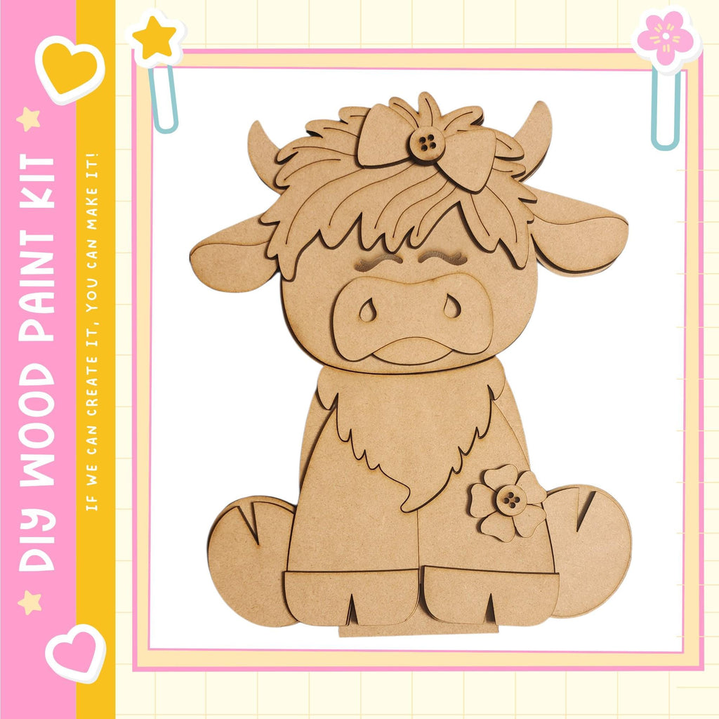 A wooden cutout of a cow with a bow on its head, sitting on its hind legs.