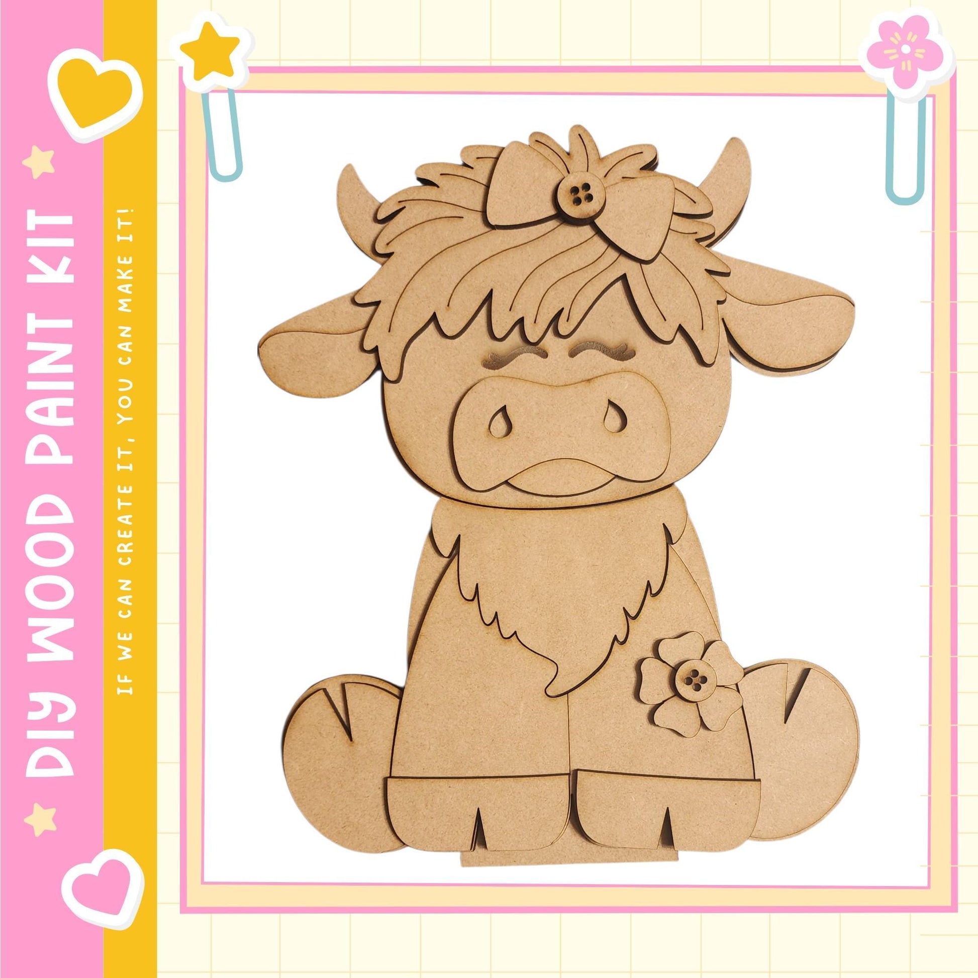A wooden cutout of a cow with a bow on its head, sitting on its hind legs.