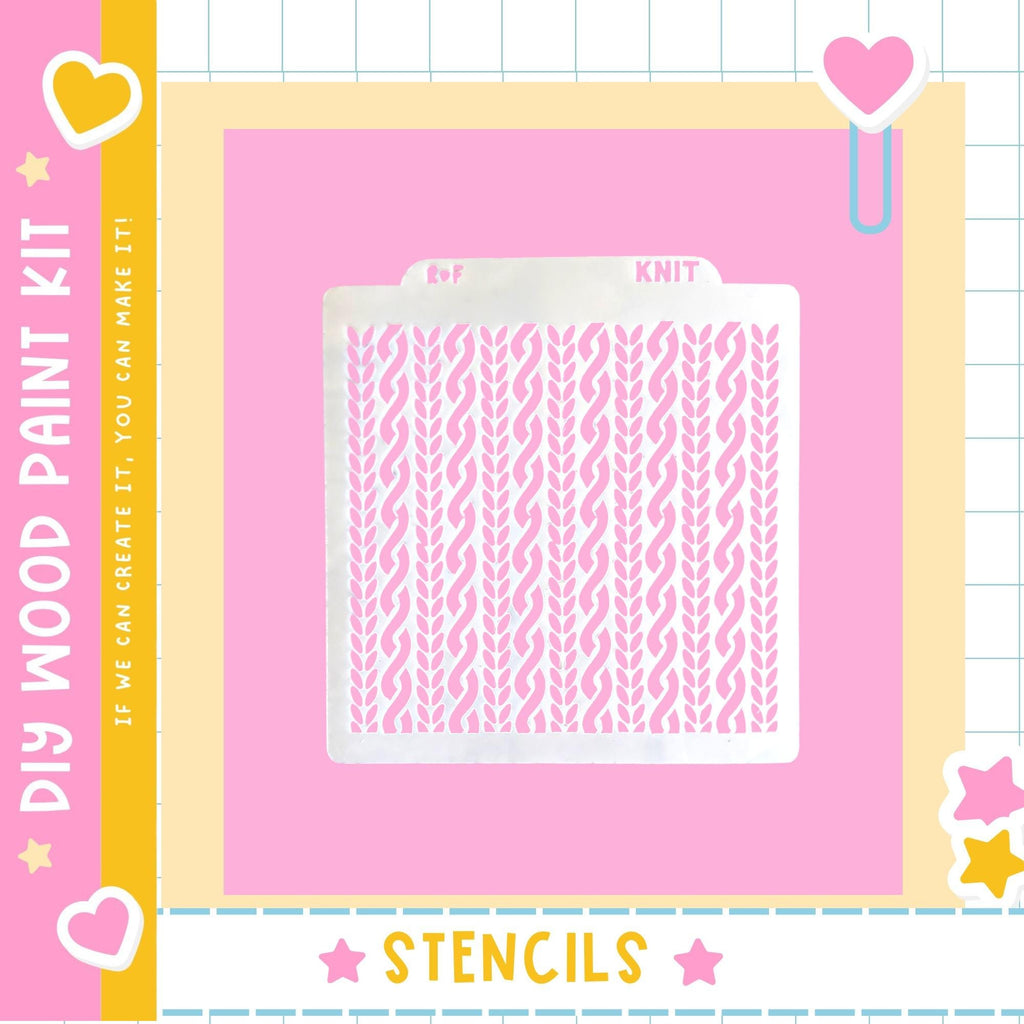 The image is a pink square with a white knitting pattern stencil in the center. The stencil has a repeating knit pattern. The image is part of a DIY wood paint kit, and it is described as a "STENCILS" product.