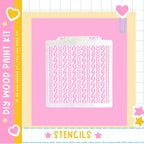 The image is a pink square with a white knitting pattern stencil in the center. The stencil has a repeating knit pattern. The image is part of a DIY wood paint kit, and it is described as a "STENCILS" product.