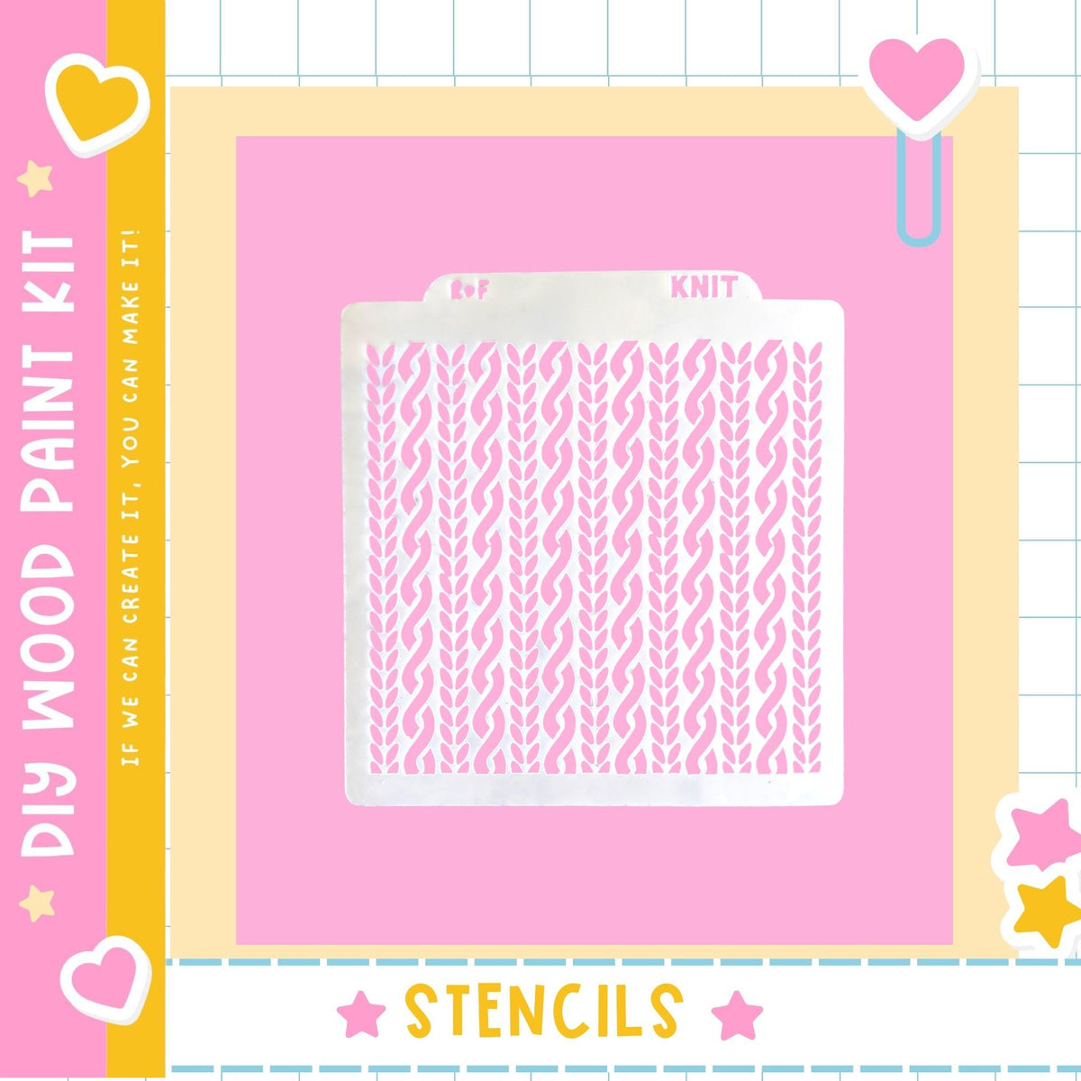 The image is a pink square with a white knitting pattern stencil in the center. The stencil has a repeating knit pattern. The image is part of a DIY wood paint kit, and it is described as a "STENCILS" product.