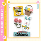 The image is a collage of Easter-themed items, including a wooden sign, a basket of Easter eggs, a bunny, and flowers.