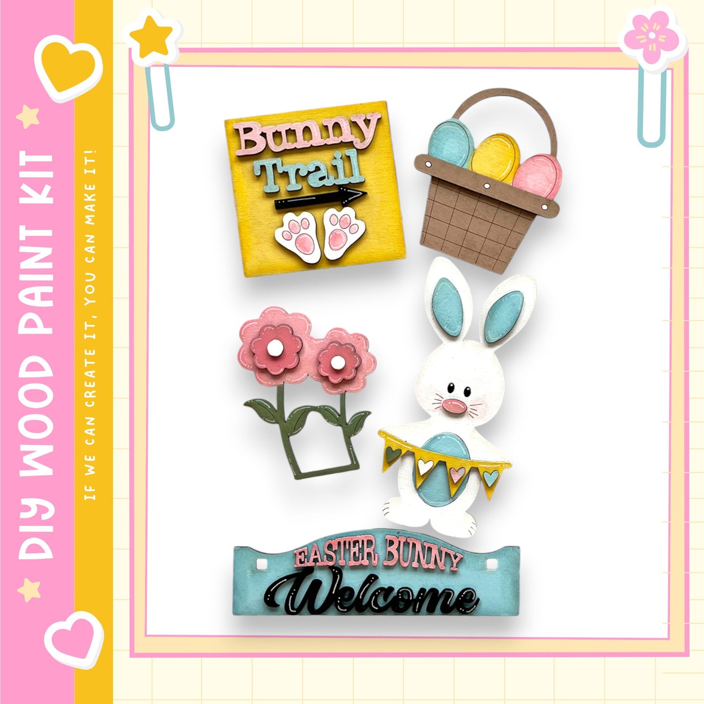 The image is a collage of Easter-themed items, including a wooden sign, a basket of Easter eggs, a bunny, and flowers.