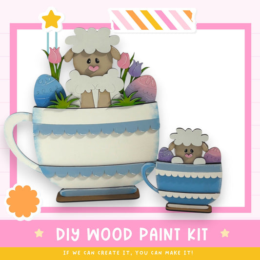 a DIY wood paint kit for creating a wooden cup with a sheep and flowers inside. The kit includes a blue and white cup, a wooden base, and a sheep figure. The kit is designed for people to create their own unique wooden cups with decorative elements like flowers and sheep.