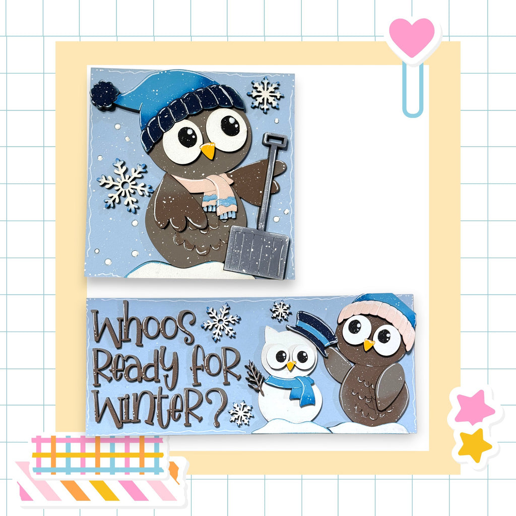 A collage of two images featuring cartoon owls in winter attire, with one holding a shovel and the other a snowman. The text "Whos Ready for Winter?" is displayed below the images.