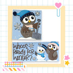 A collage of two images featuring cartoon owls in winter attire, with one holding a shovel and the other a snowman. The text "Whos Ready for Winter?" is displayed below the images.