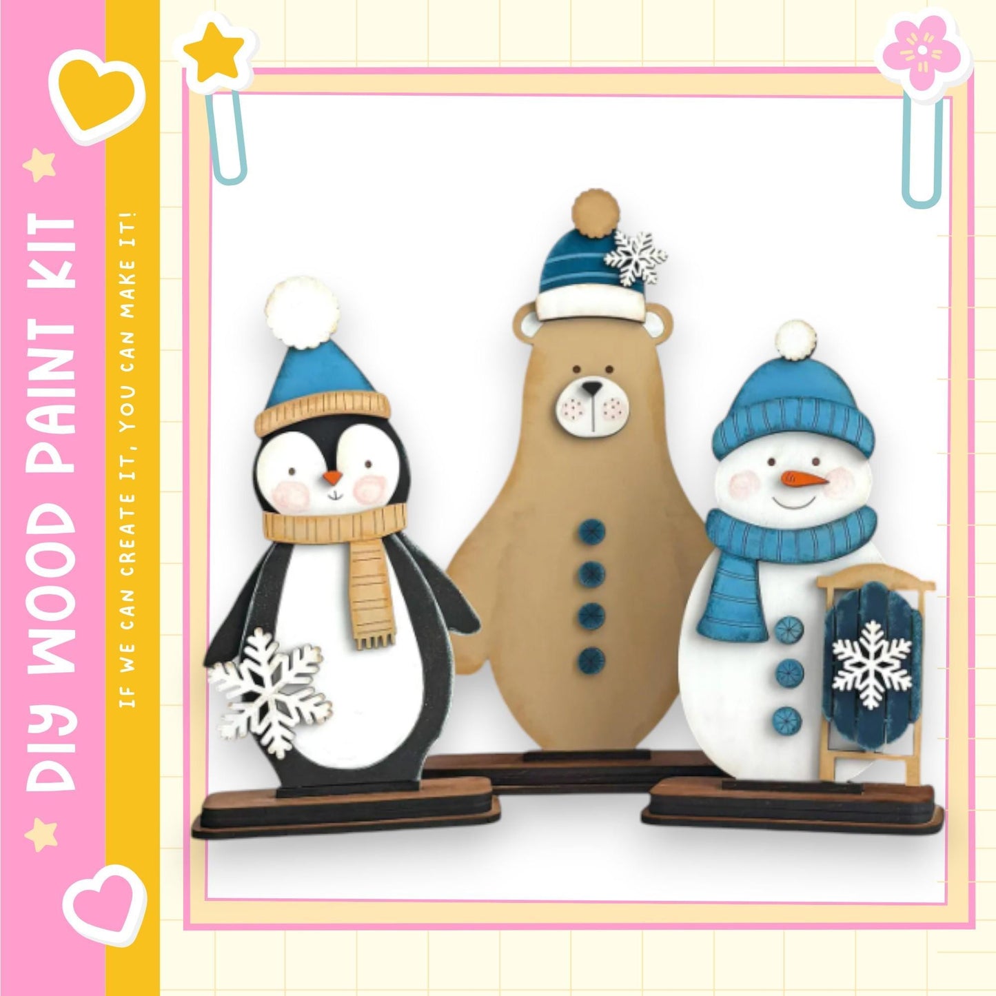 A wooden paint kit featuring three winter-themed figures: a penguin, a bear, and a snowman.