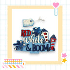 a collage of various patriotic-themed elements, including a sign that says "Liberty fireworks" and a rocket ship. The sign is blue and red, with the words "RED white & BOOM" written in white. The rocket ship is red and white, with the words "Liberty fireworks" written on it. The collage is set against a background with a grid pattern, and there are small decorative elements such as stars and a heart.
