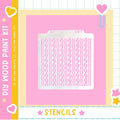 The image is a pink square with a white knitting pattern stencil in the center. The stencil has a repeating knit pattern. The image is part of a DIY wood paint kit, and it is described as a "STENCILS" product.