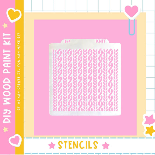 The image is a pink square with a white knitting pattern stencil in the center. The stencil has a repeating knit pattern. The image is part of a DIY wood paint kit, and it is described as a "STENCILS" product.