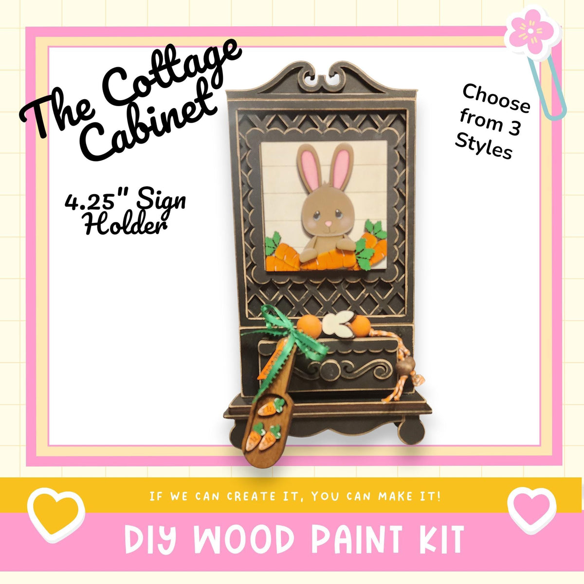The image is a promotional poster for a DIY wood paint kit, featuring a wooden cabinet with a picture of a rabbit and carrots on it. The text on the poster includes the product name, a description of the product, and a call to action to create the product.