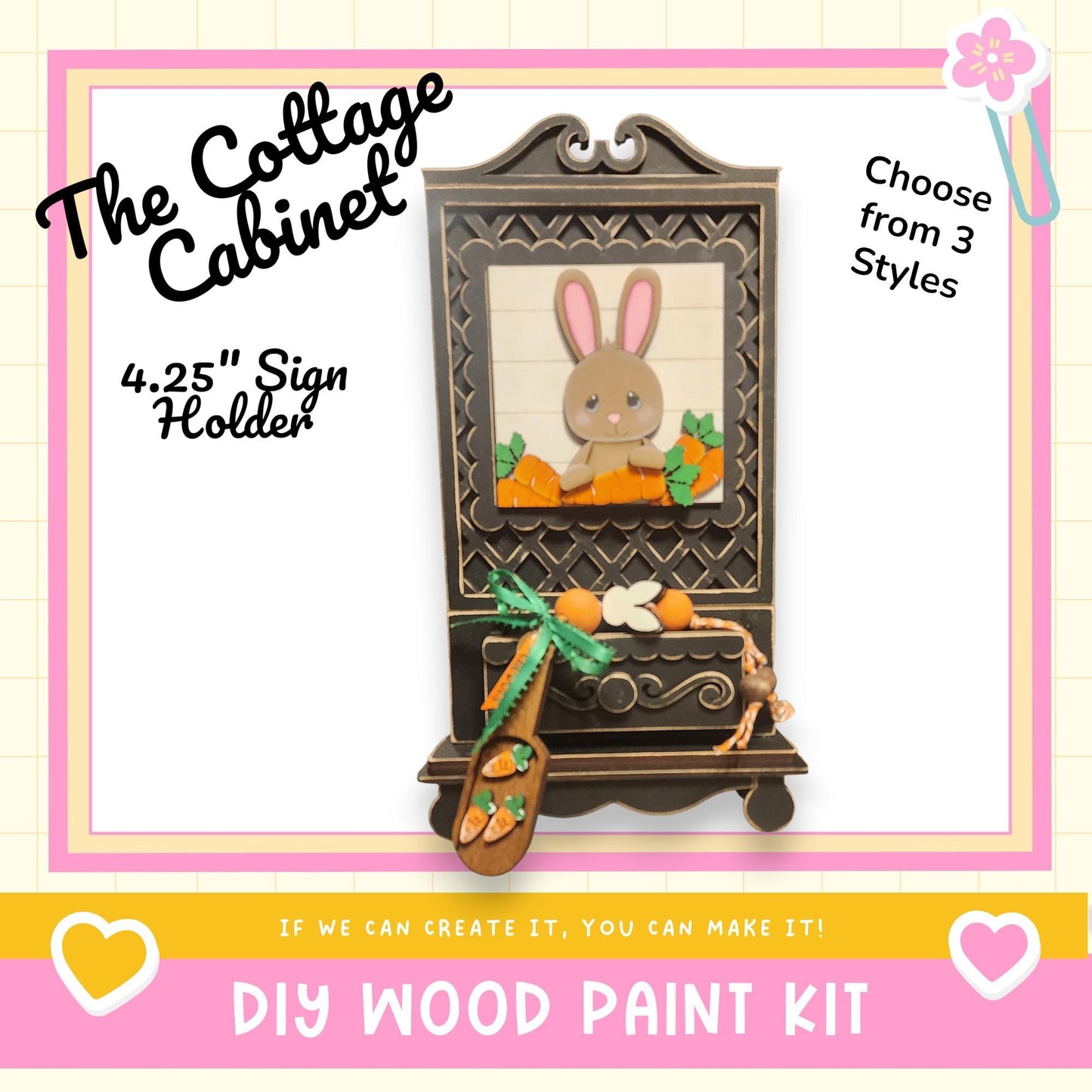 The image is a promotional poster for a DIY wood paint kit, featuring a wooden cabinet with a picture of a rabbit and carrots on it. The text on the poster includes the product name, a description of the product, and a call to action to create the product.