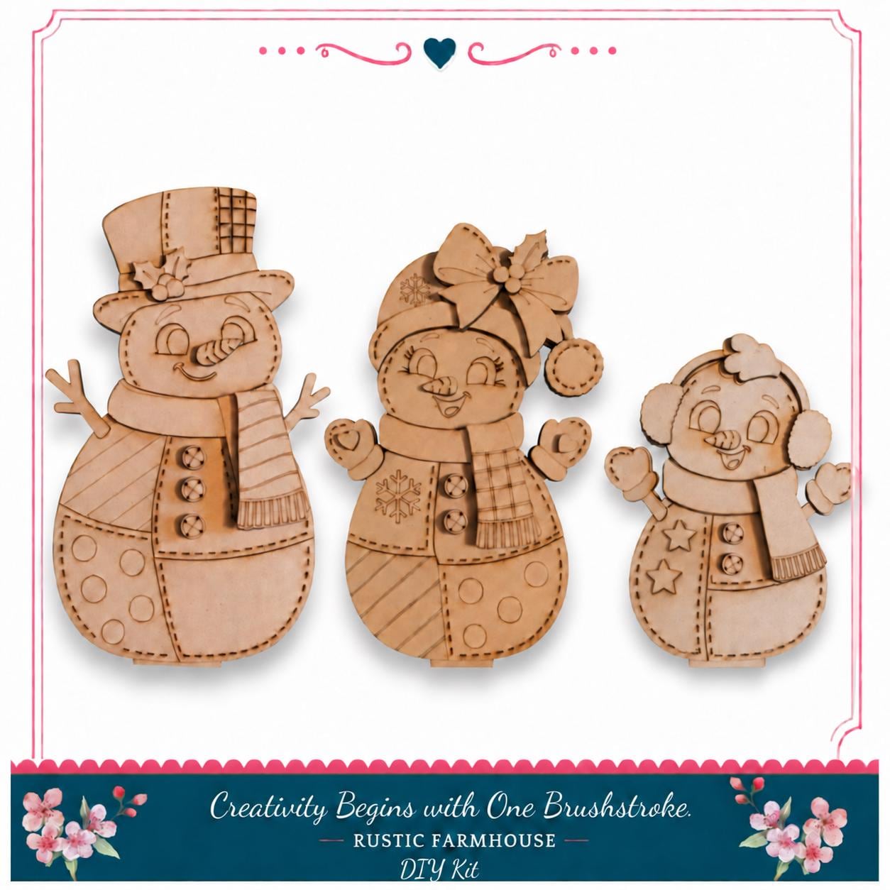 three wooden snowmen, each with unique features and accessories, arranged in a row.