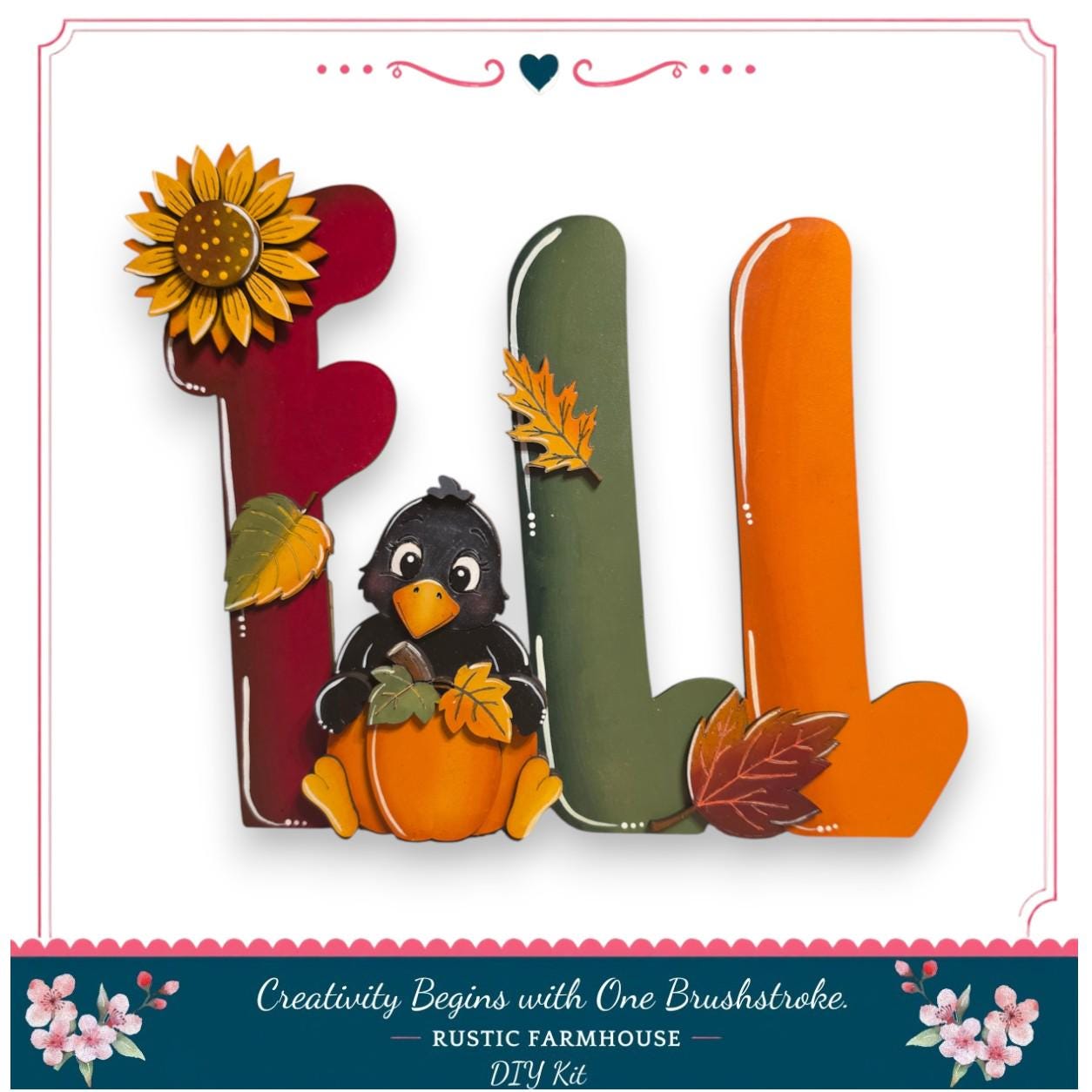 A colorful and whimsical DIY kit featuring a bird, a pumpkin, and autumn leaves, all arranged to spell out the word "FALL".