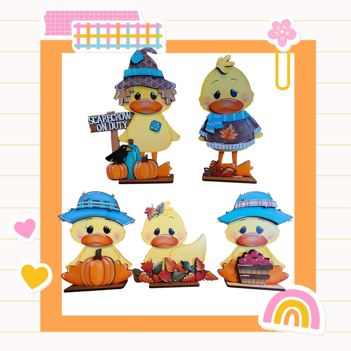 A collage of six cute duck figurines in various outfits, including a witch hat, a sweater, and a hat with a flower, all sitting on a pumpkin.
