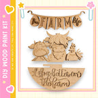 The image is a wooden craft kit featuring various farm-themed elements, including a banner with the word "FARM LIFE" and a cow, chicken, and rooster. The kit appears to be designed for creating a farm-inspired decoration or artwork.