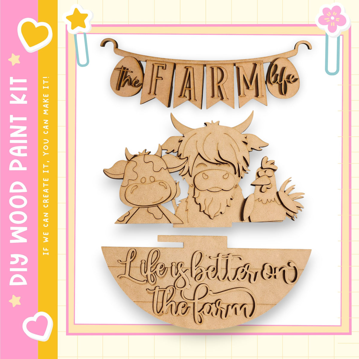 The image is a wooden craft kit featuring various farm-themed elements, including a banner with the word "FARM LIFE" and a cow, chicken, and rooster. The kit appears to be designed for creating a farm-inspired decoration or artwork.