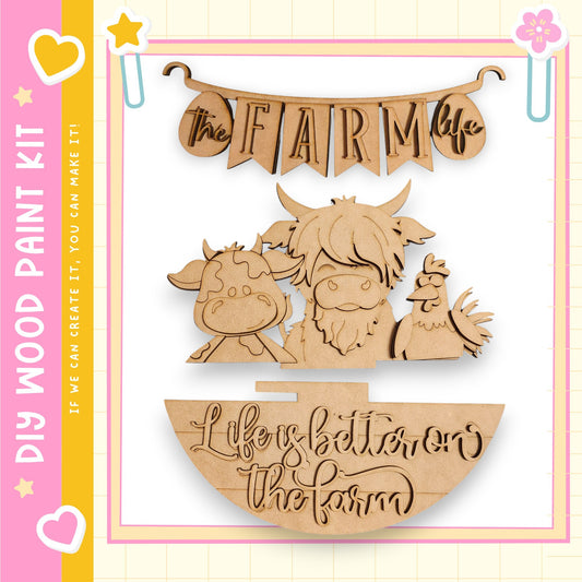 The image is a wooden craft kit featuring various farm-themed elements, including a banner with the word "FARM LIFE" and a cow, chicken, and rooster. The kit appears to be designed for creating a farm-inspired decoration or artwork.