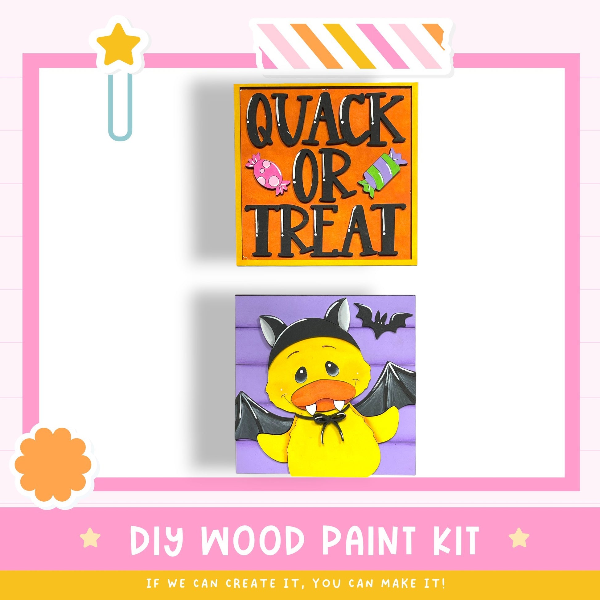 The image is a DIY wood paint kit featuring a cartoon duck and bats, with a "Quack or Treat" sign above it.