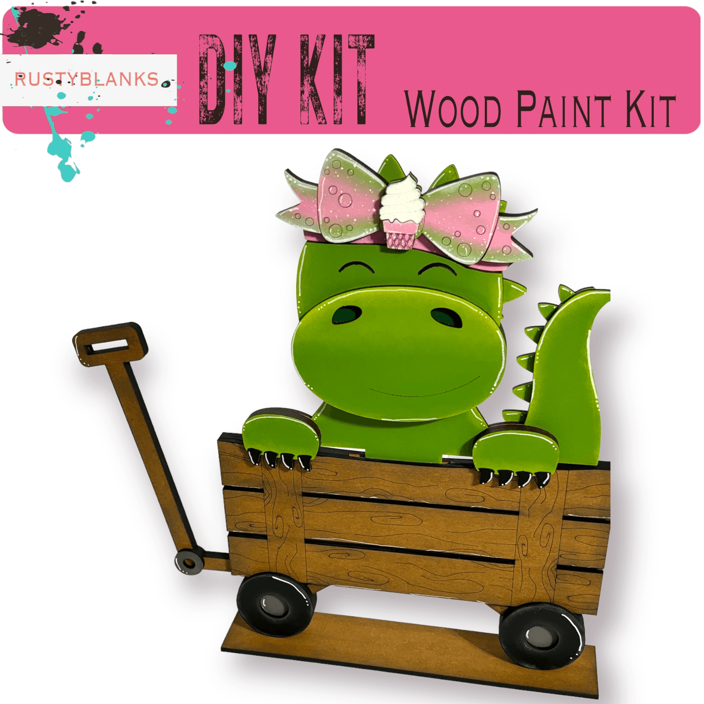 a green dinosaur sitting in a wooden wagon