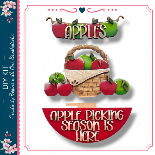 The image is a collage of two images depicting apples. The top image shows a basket of red apples, and the bottom image shows a red bowl filled with green apples. The text "APPLES" is displayed above the basket, and "APPLE PICKING SEASON IS HERE" is displayed below the bowl.