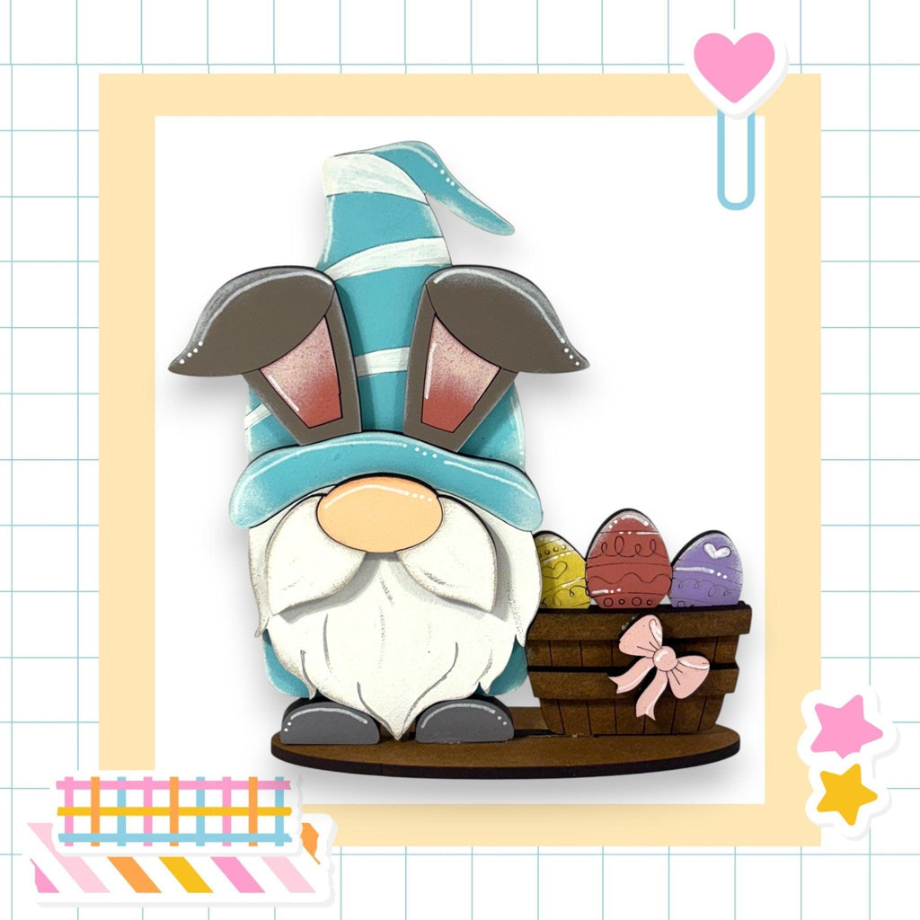 a picture of a gnome with a basket of eggs