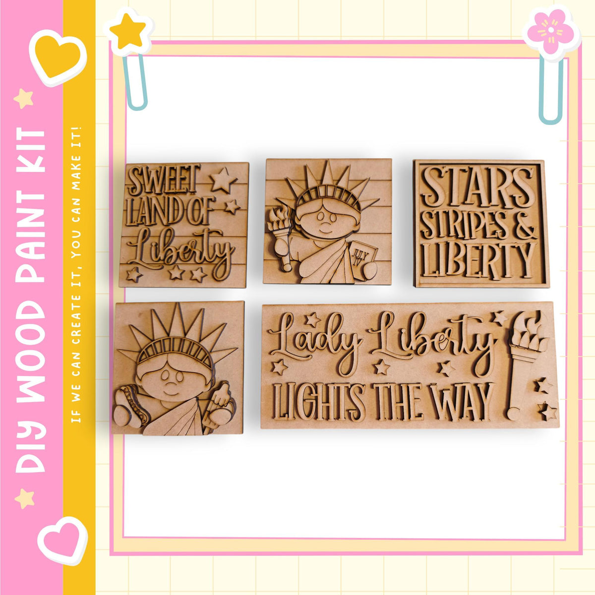 a collection of wooden cutouts, each featuring a different phrase or design related to the theme of "Lady Liberty". The phrases include "Sweet Land of Liberty", "Stars Stripes & Liberty", "Lady Liberty", and "Lights the way". The cutouts are arranged in a row, showcasing the variety of designs and messages related to the theme of "Lady Liberty".