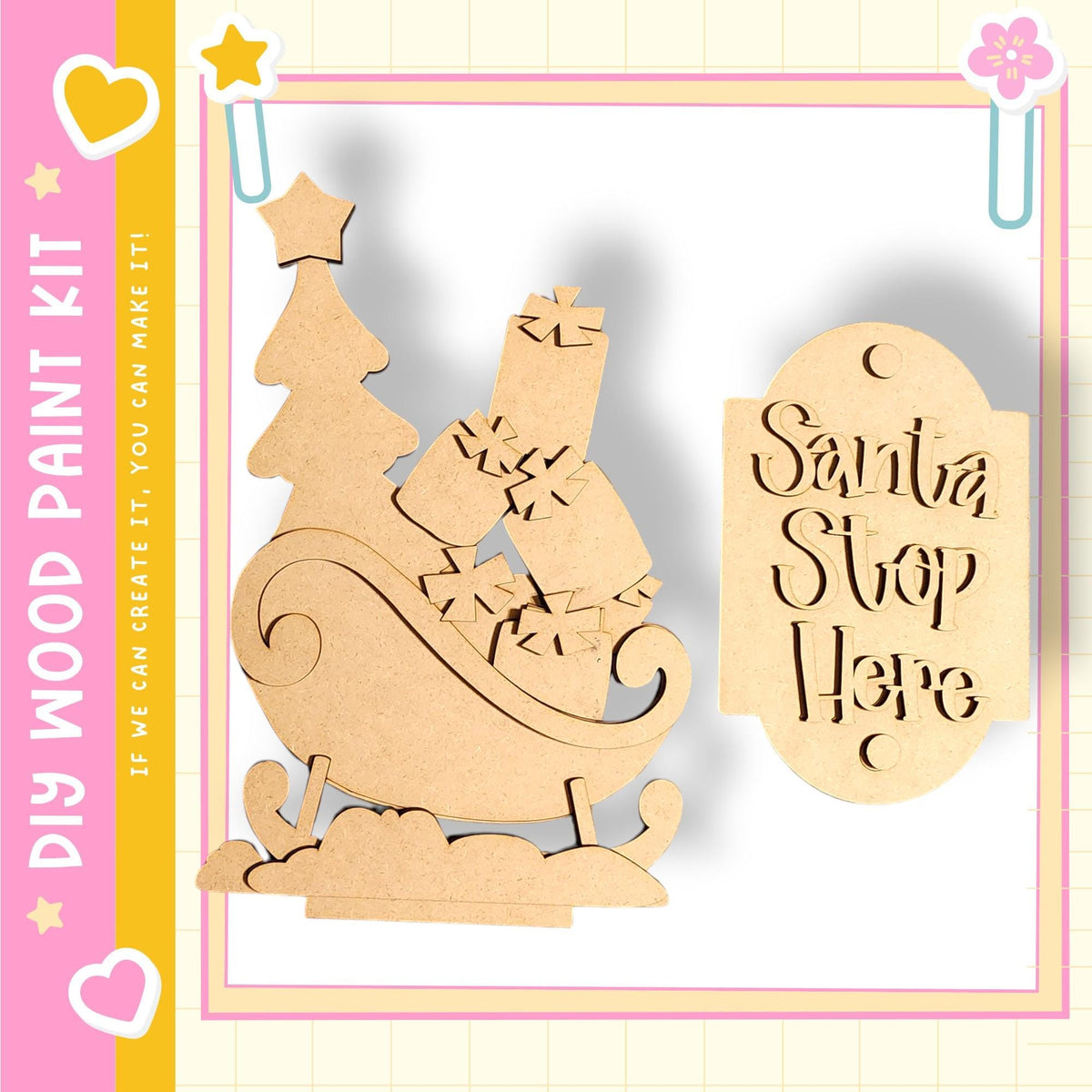 a DIY paint kit for creating a Christmas tree and a Santa Claus sign, along with a pink and yellow border.
