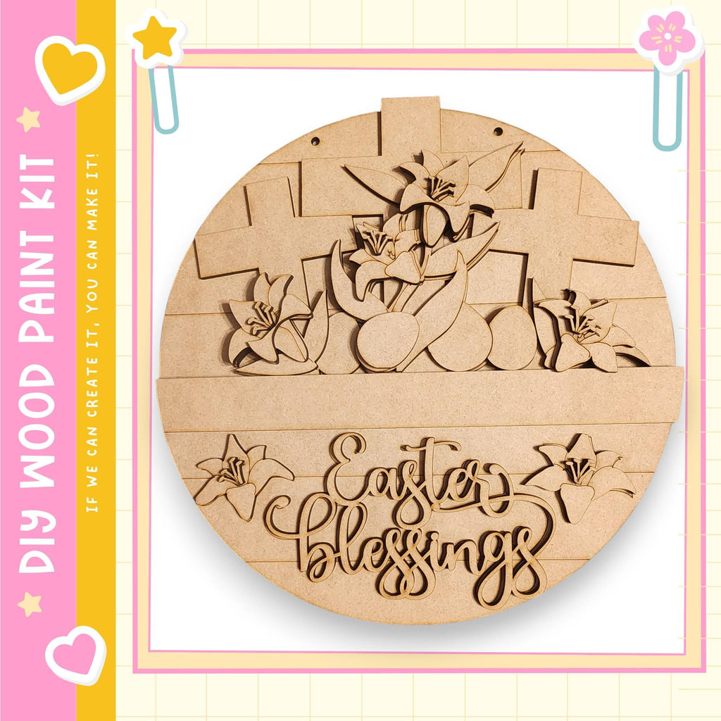 The image is a wooden Easter-themed decoration kit featuring a circular wooden plaque with a cross and floral designs. The plaque has the text "Easter Blessings" written on it.